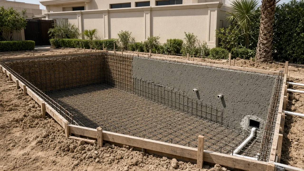 Excavated pool in a villa garden with a steel rebar cage, part of one wall sprayed with grey concrete, and white plumbing pipes for the returns