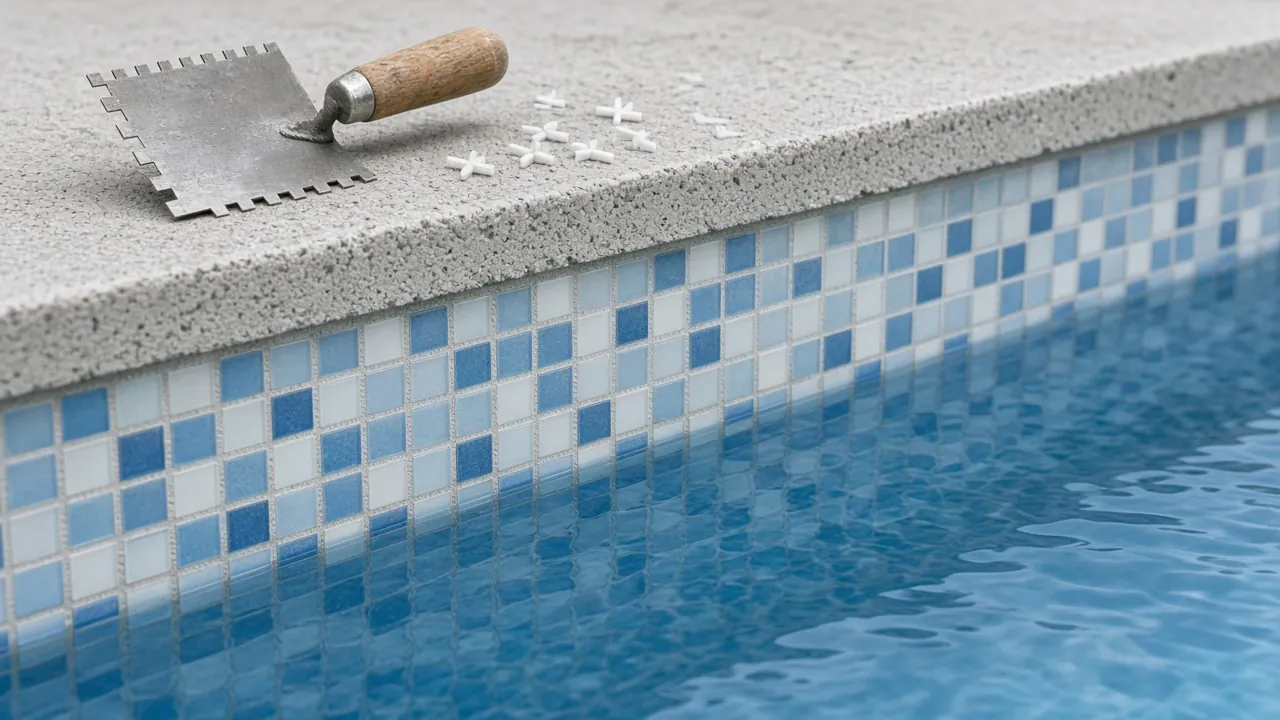 Blue and white glass mosaic tiles along a pool waterline, with a notched trowel and tile spacers on the concrete coping