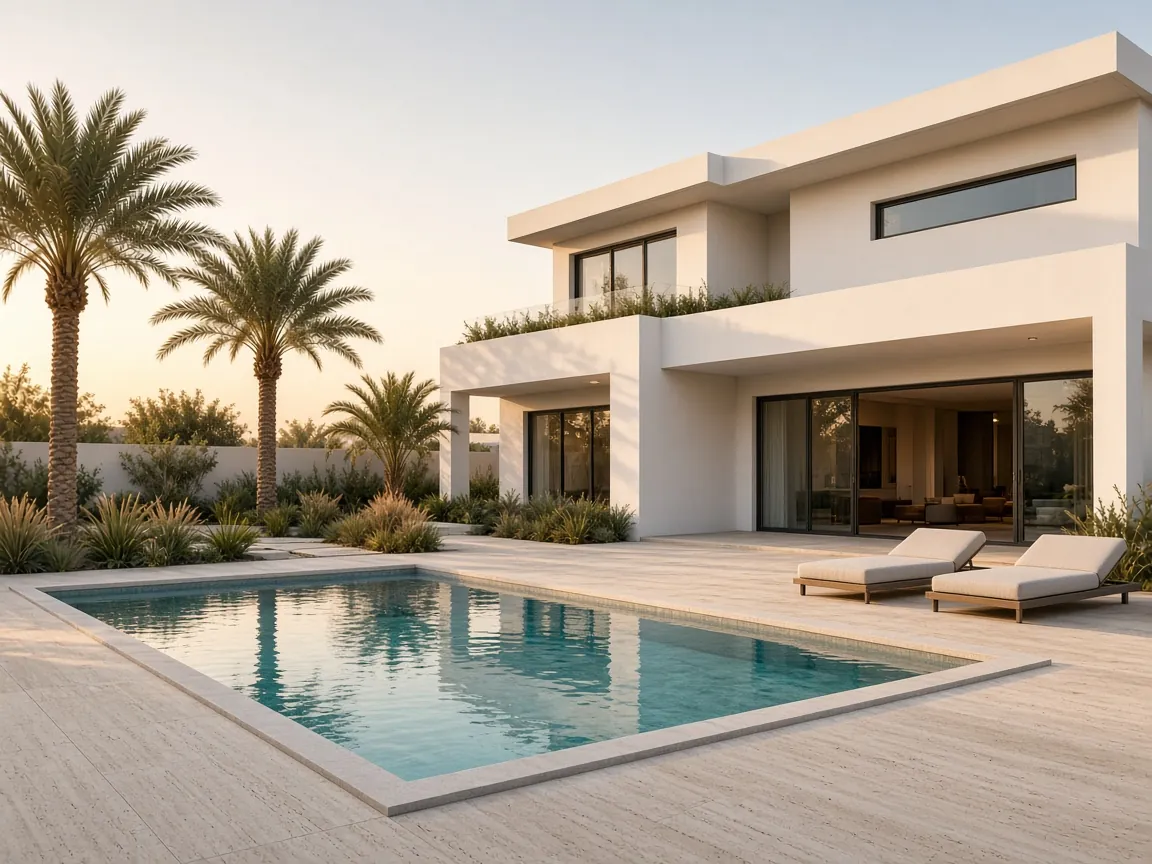 Rectangular pool with pale stone coping beside a white two-storey villa, with date palms and two sun loungers in low evening sun