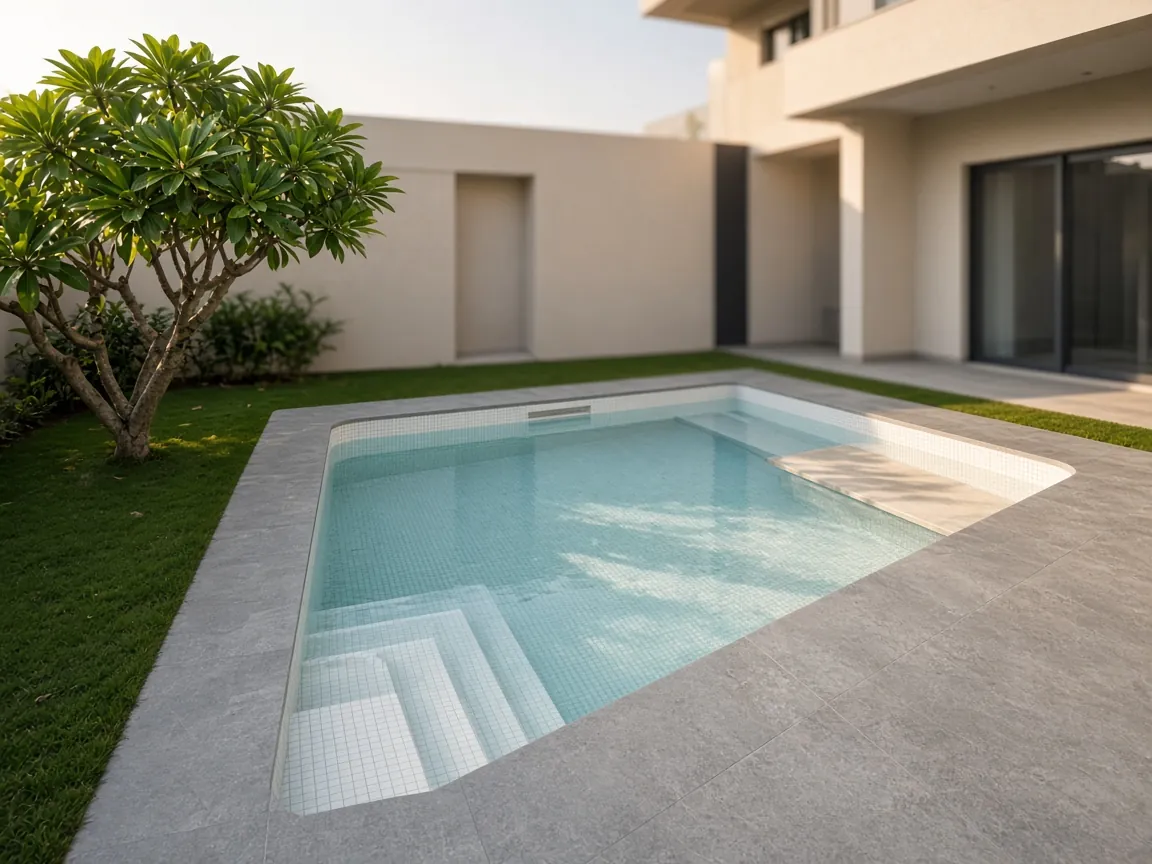 White-tiled concrete pool with built-in steps and a bench, grey stone deck and a frangipani tree on the lawn