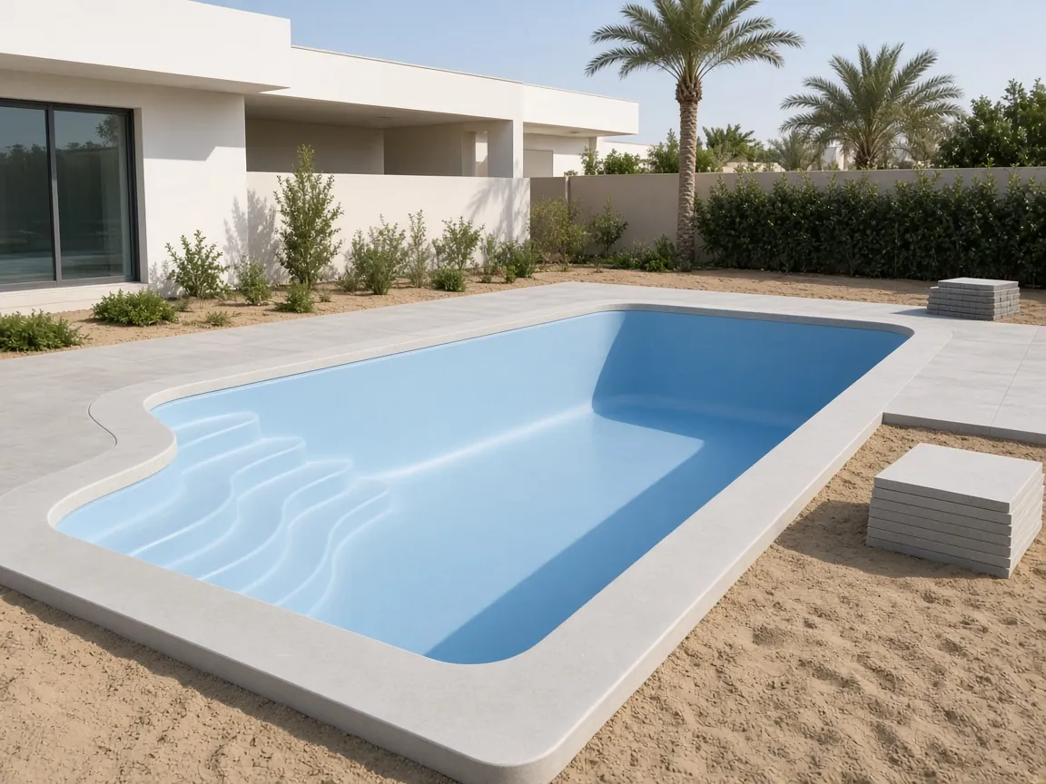 Light blue one-piece fibreglass pool shell with curved moulded steps, newly set into a sandy villa garden