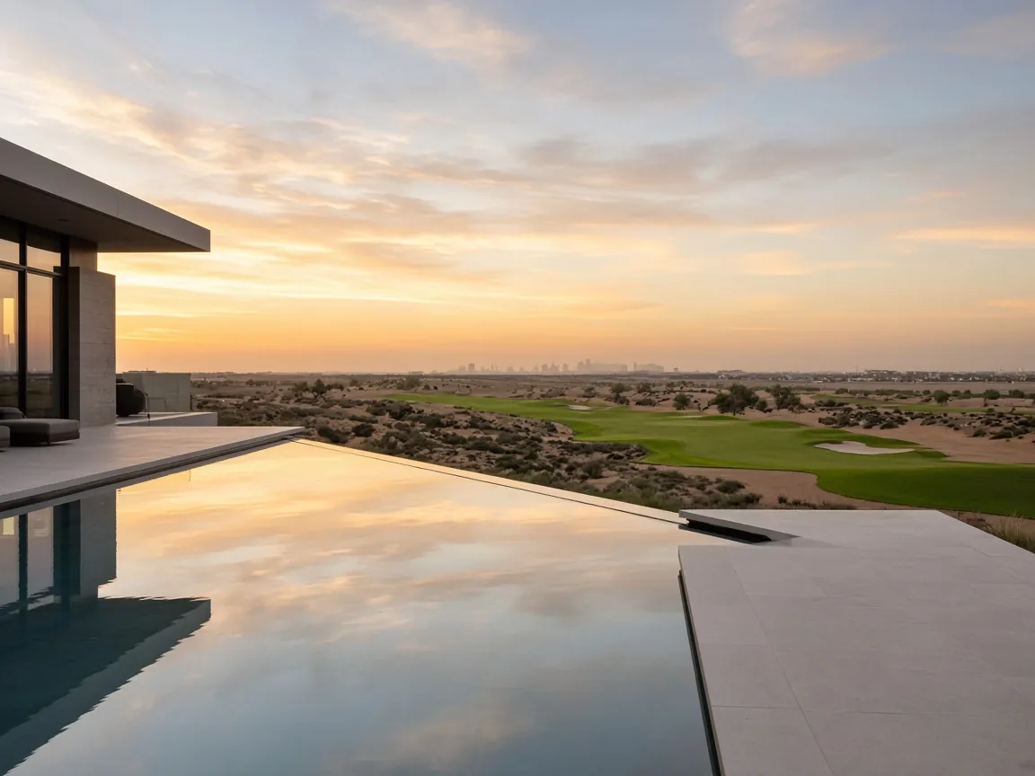 Infinity-edge pool on a raised terrace reflecting a sunset sky, with a golf course and open desert beyond