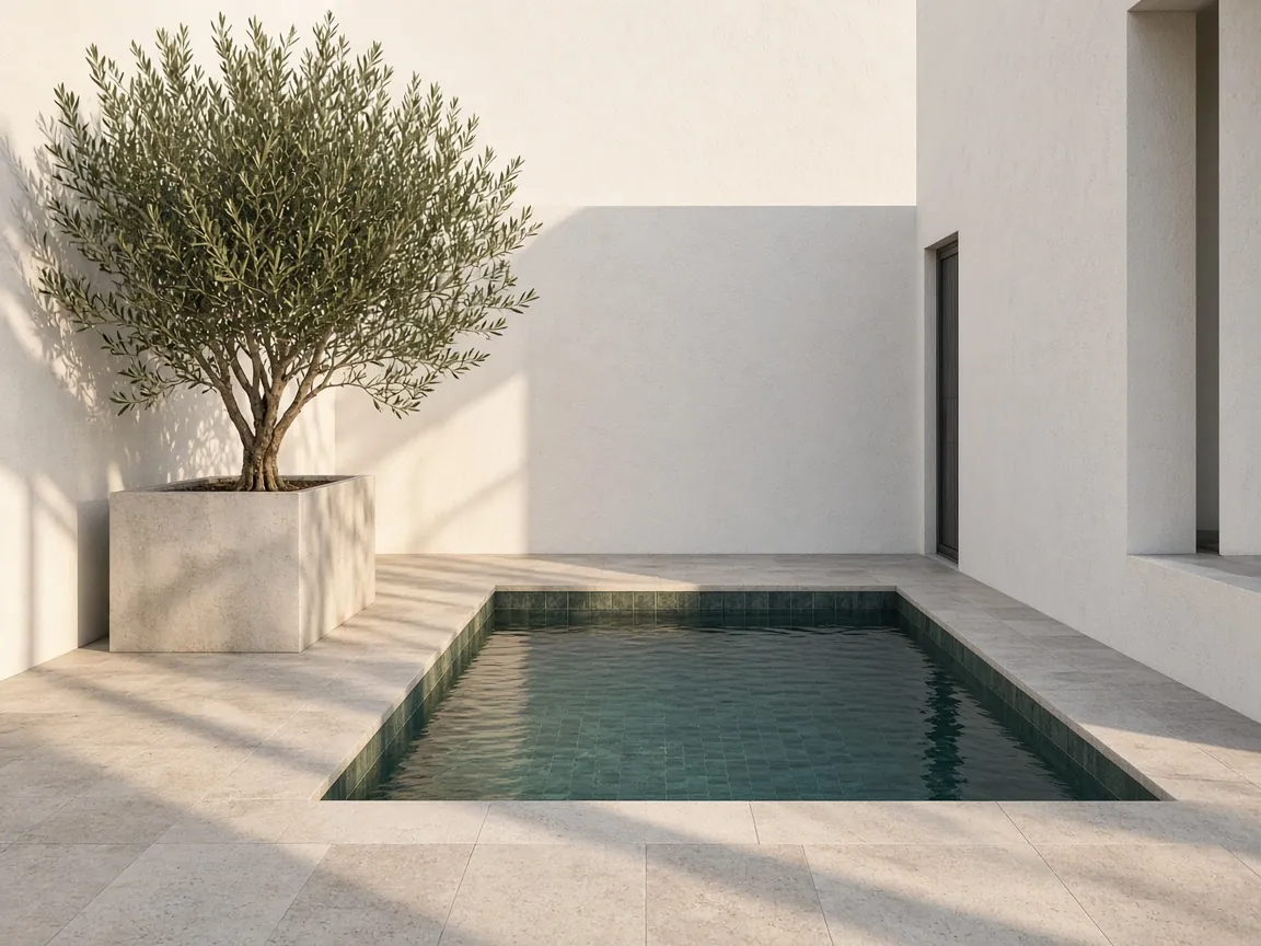 Small plunge pool with dark green tiles in a white-walled courtyard, an olive tree in a stone planter beside it